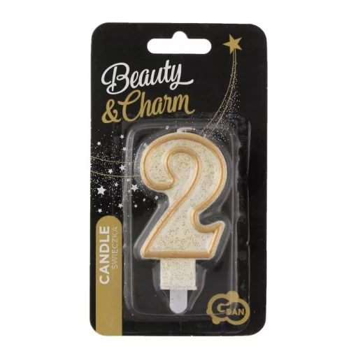 Arany csillámos 2-es Gold számgyertya, tortagyertya