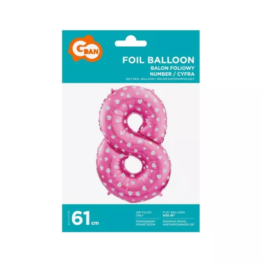 Rózsaszín Pink with Hearts 8-as szám fólia lufi 61 cm