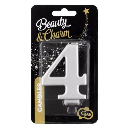Ezüst 4-es Metallic számgyertya, tortagyertya