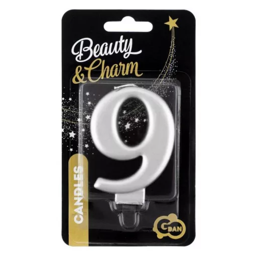 Ezüst 9-es Metallic számgyertya, tortagyertya