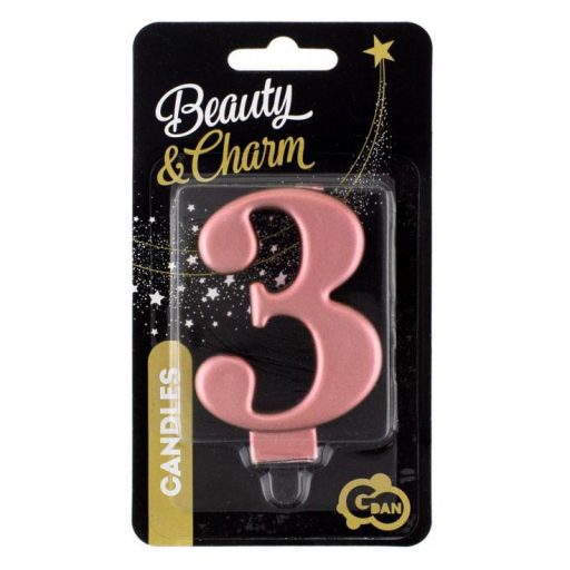 Rose Gold 3-as Metallic számgyertya, tortagyertya