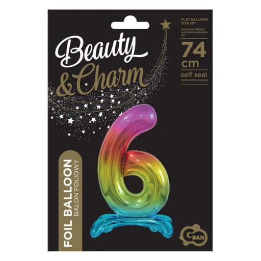 Színes Rainbow 6-os szám fólia lufi talppal 74 cm