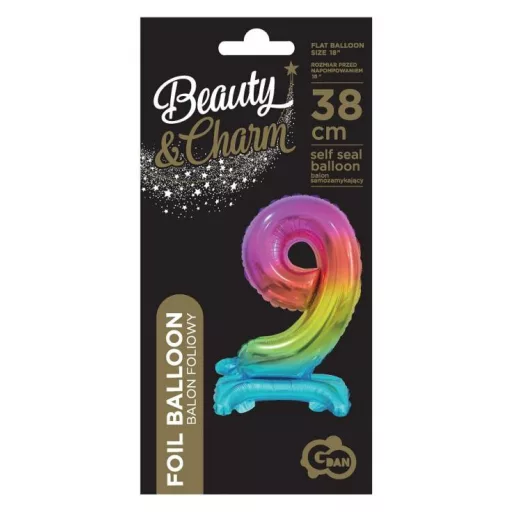 Színes Rainbow mini 9-es szám fólia lufi talppal 38 cm