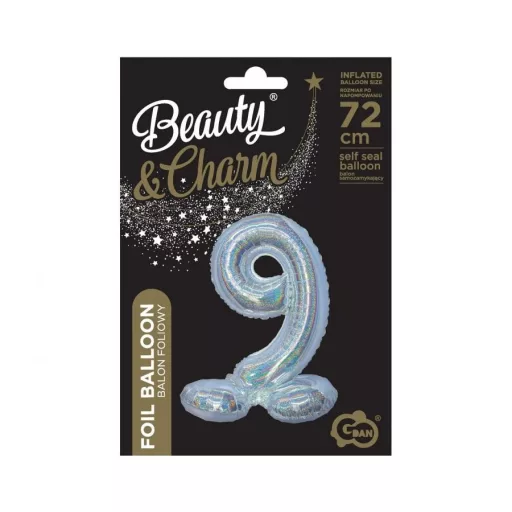 Ezüst Holographic Silver 9-es szám fólia lufi talppal 72 cm
