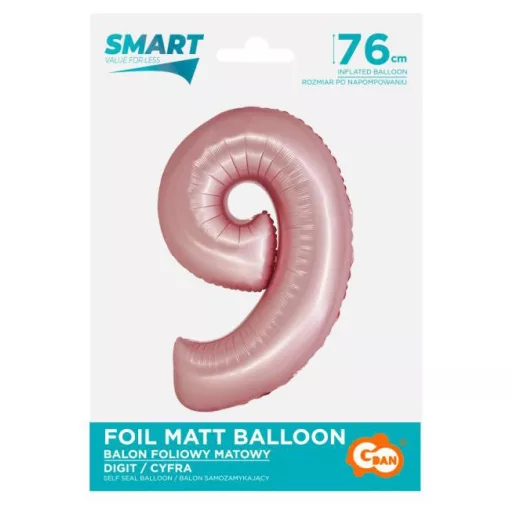 Rózsaszín 9-es Light Pink Mat szám fólia lufi 76 cm
