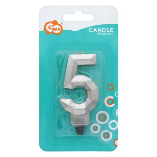 Ezüst 5-ös Diamond Metallic számgyertya, tortagyertya