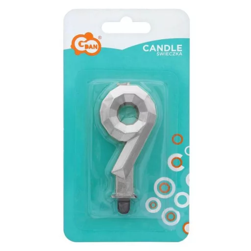 Ezüst 9-es Diamond Metallic számgyertya, tortagyertya