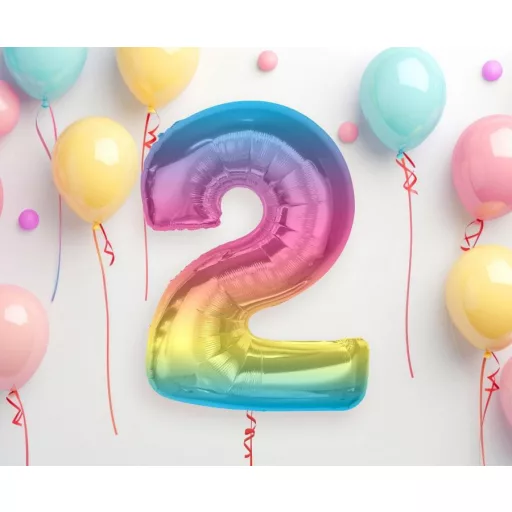 Színes 2-es Rainbow szám fólia lufi 92 cm