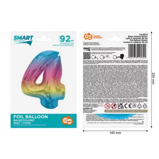 Színes 4-es Rainbow szám fólia lufi 92 cm