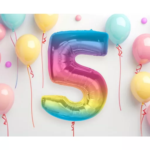 Színes 5-ös Rainbow szám fólia lufi 92 cm