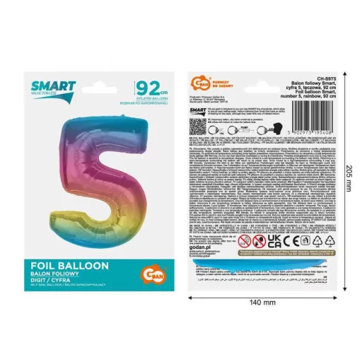 Színes 5-ös Rainbow szám fólia lufi 92 cm