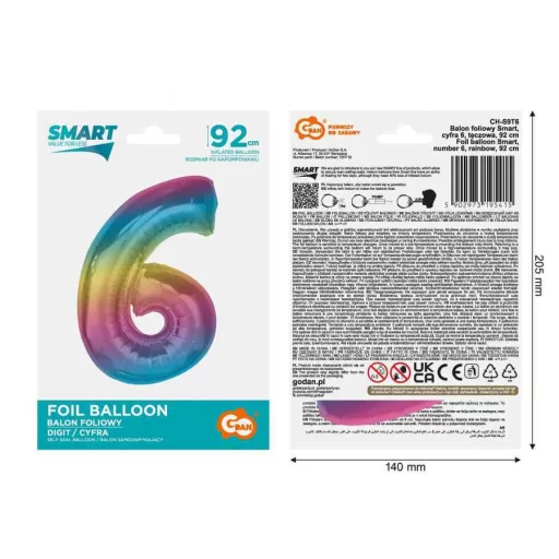 Színes 6-os Rainbow szám fólia lufi 92 cm