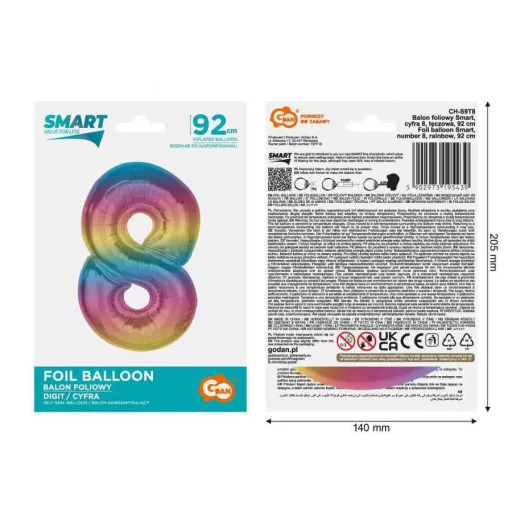 Színes 8-as Rainbow szám fólia lufi 92 cm
