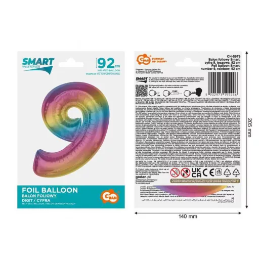 Színes 9-es Rainbow szám fólia lufi 92 cm