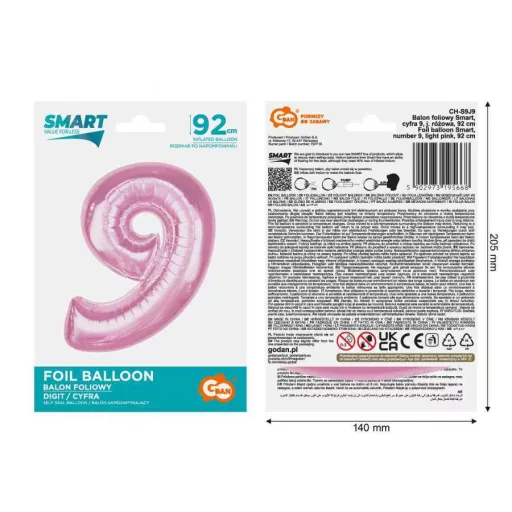 Rózsaszín 9-es Light Pink szám fólia lufi 92 cm