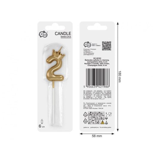 Arany Champagne Crown 2-es számgyertya, tortagyertya 6 cm