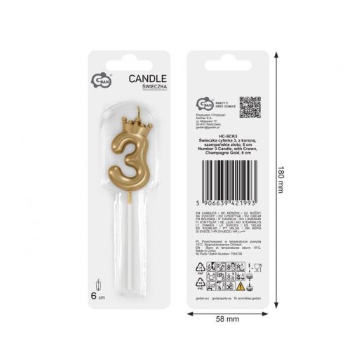 Arany Champagne Crown 3-as számgyertya, tortagyertya 6 cm