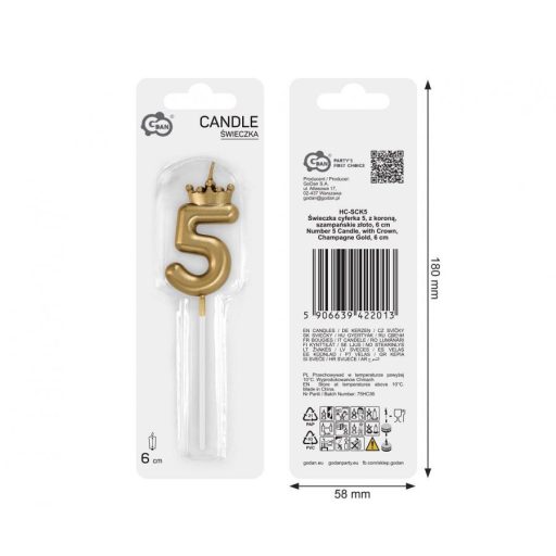 Arany Champagne Crown 5-ös számgyertya, tortagyertya 6 cm