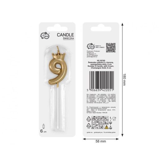 Arany Champagne Crown 9-es számgyertya, tortagyertya 6 cm