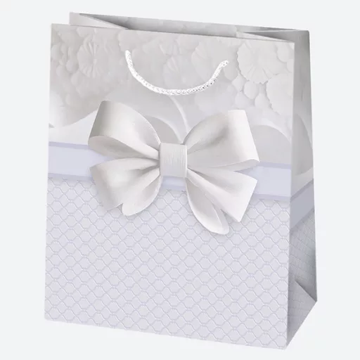 Fehér Bow papír ajándéktasak, ajándékzacskó 19x23x10,5 cm