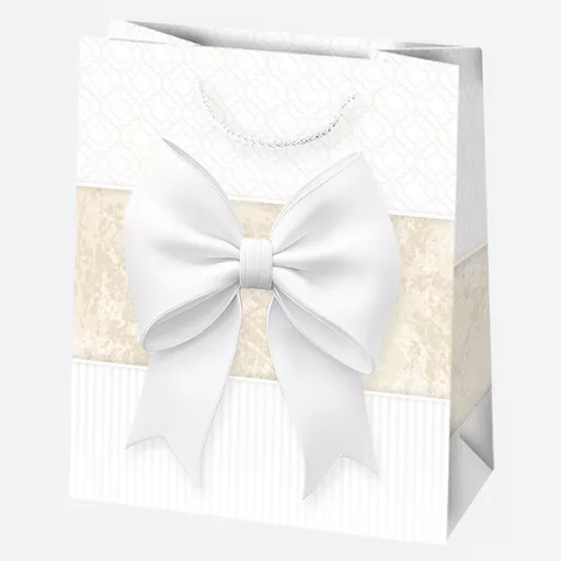 Fehér Bow papír ajándéktasak, ajándékzacskó 19x23x10,5 cm