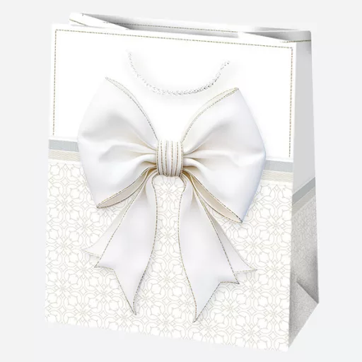 Fehér Bow papír ajándéktasak, ajándékzacskó 19x23x10,5 cm