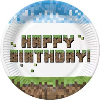 Happy Birthday Pixel Block papírtányér 8 db-os 22,7 cm