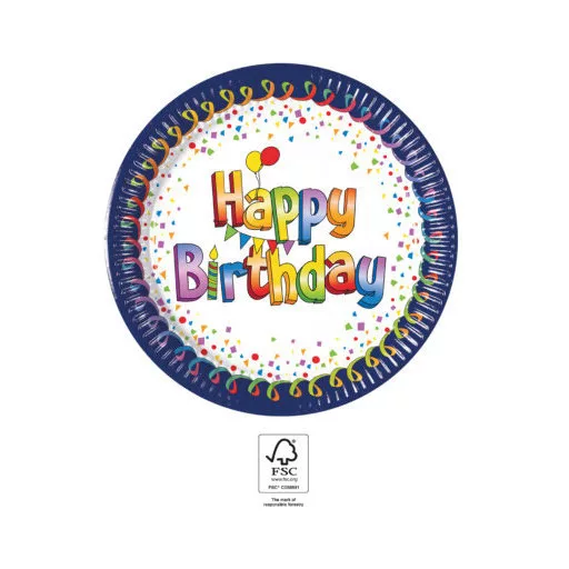 Happy Birthday Multicolor papírtányér 8 db-os 20 cm FSC