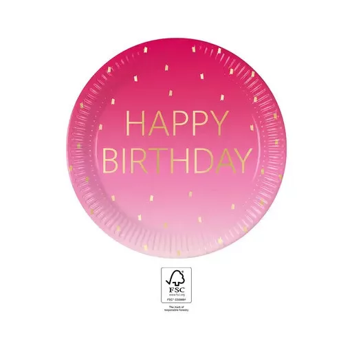 Happy Birthday Golden Pink papírtányér 8 db-os 23 cm FSC