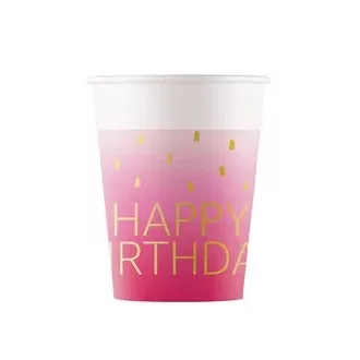 Happy Birthday Golden Pink papír pohár 8 db-os 200 ml FSC
